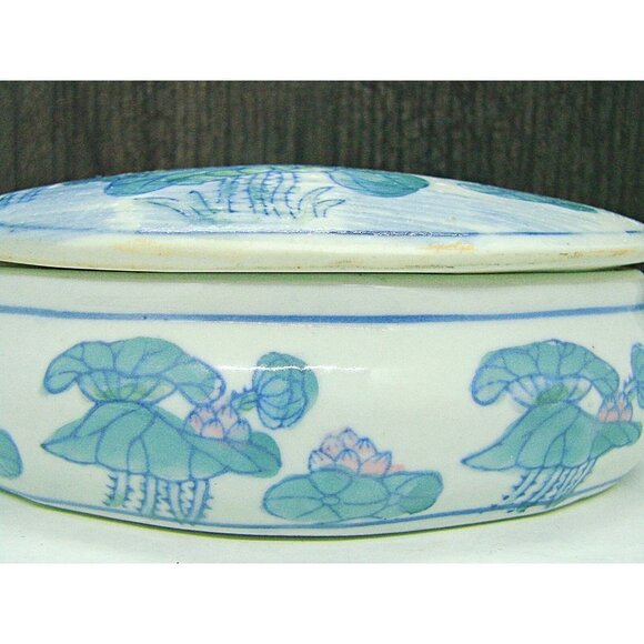 Vintage Porcelain Trinket Dish Removable Lid White Blue Floral Oval Shape 4x2x2" - Picture 11 of 11